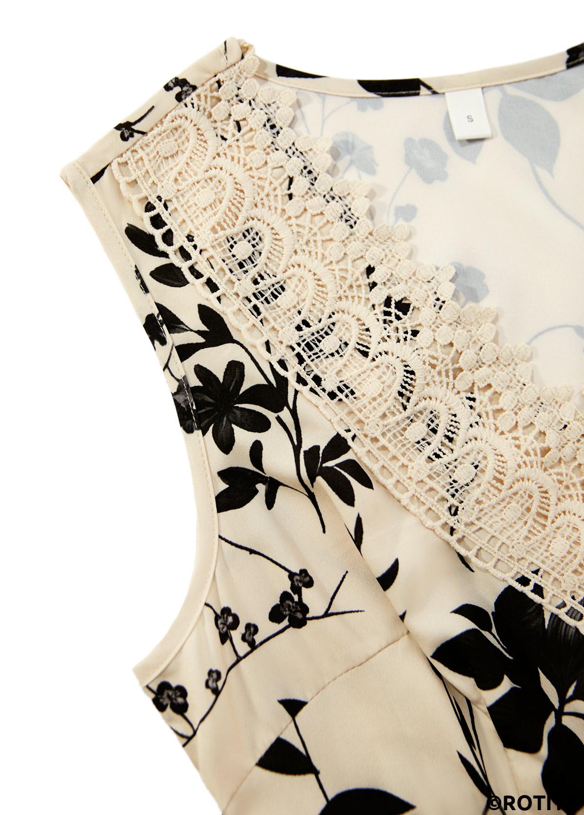 Beige dresses,Floral dresses,Plants dresses,Everyday dresses,Casual dresses,ROTITA Embroidery Floral Print Beige V Neck Sleeveless Dress