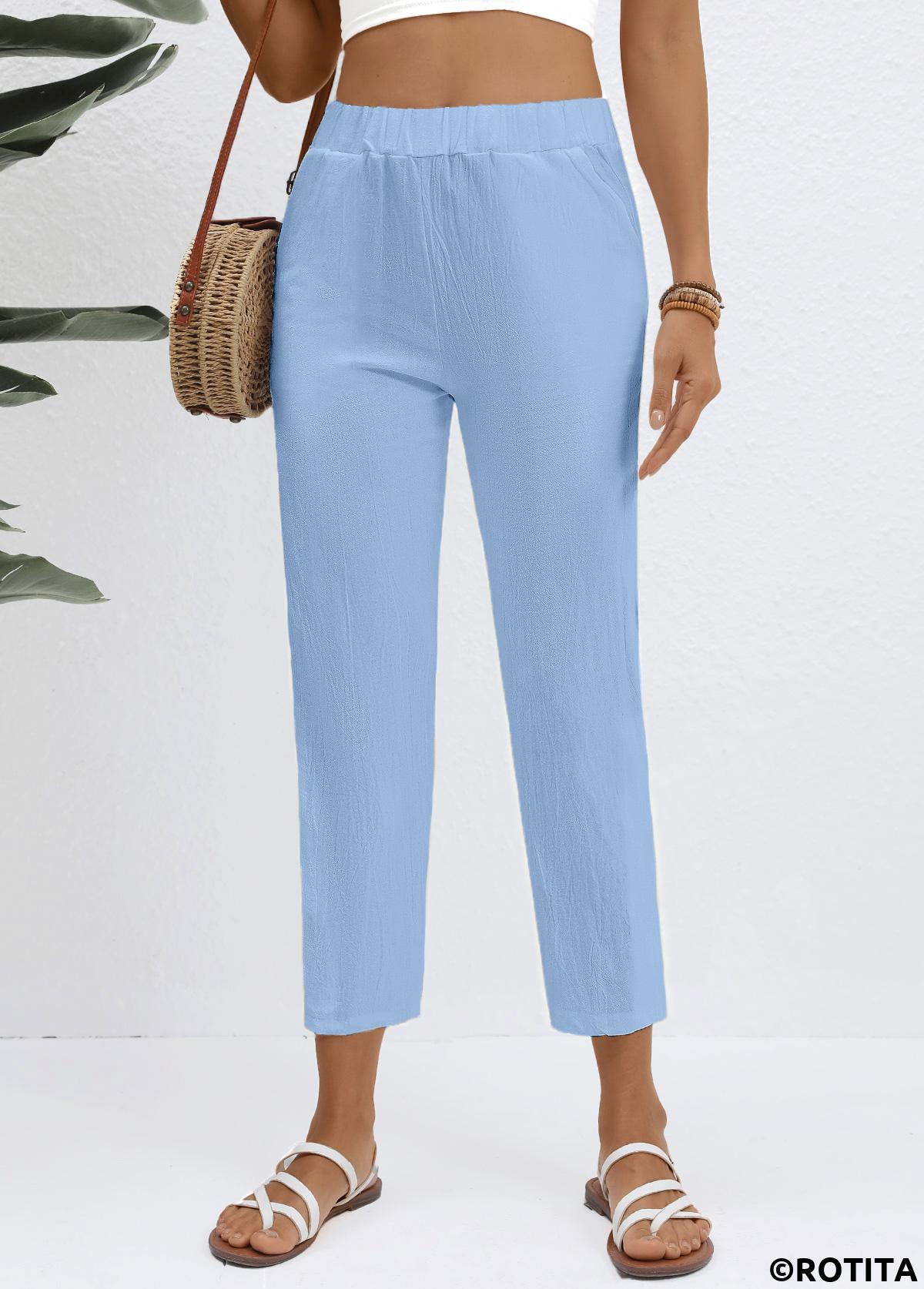 Light Blue bottoms,Plain Color bottoms,Elastic Waist Light Blue High Waisted Pants