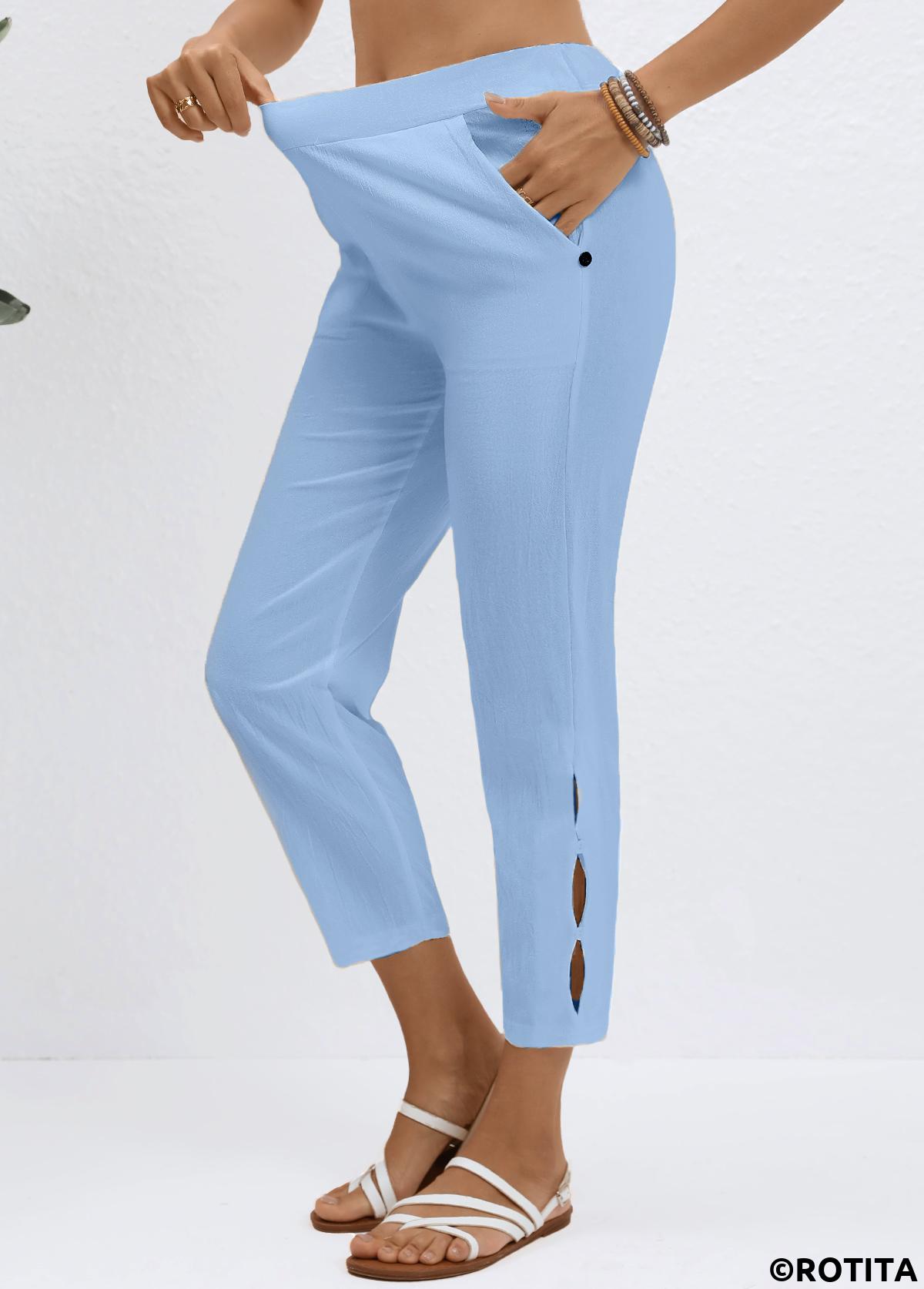 Light Blue bottoms,Plain Color bottoms,Elastic Waist Light Blue High Waisted Pants