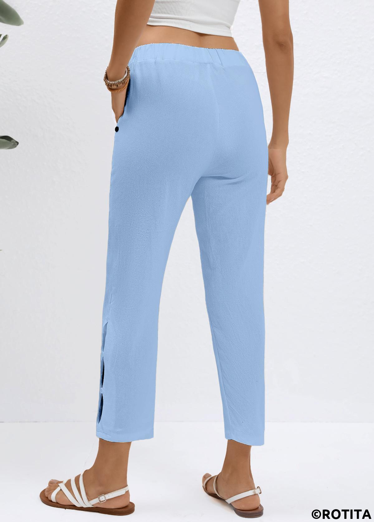 Light Blue bottoms,Plain Color bottoms,Elastic Waist Light Blue High Waisted Pants