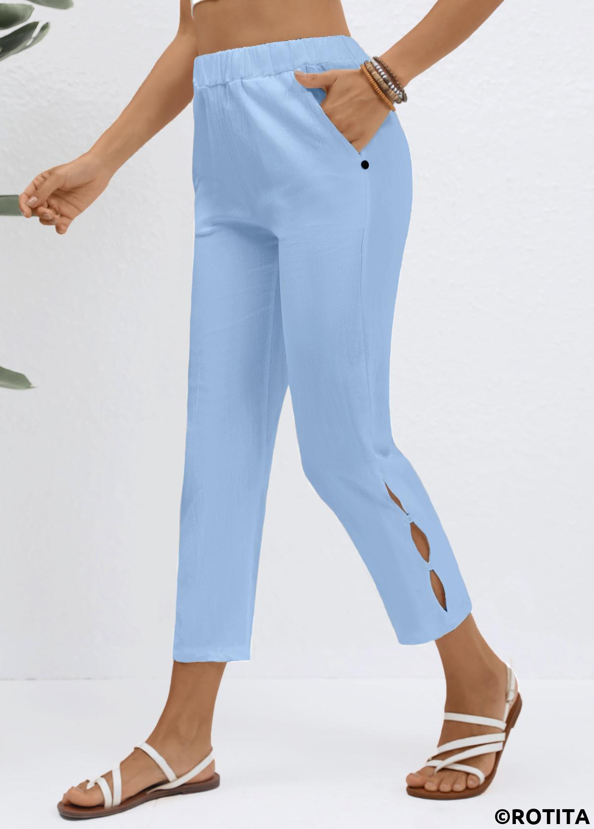 Light Blue bottoms,Plain Color bottoms,Elastic Waist Light Blue High Waisted Pants