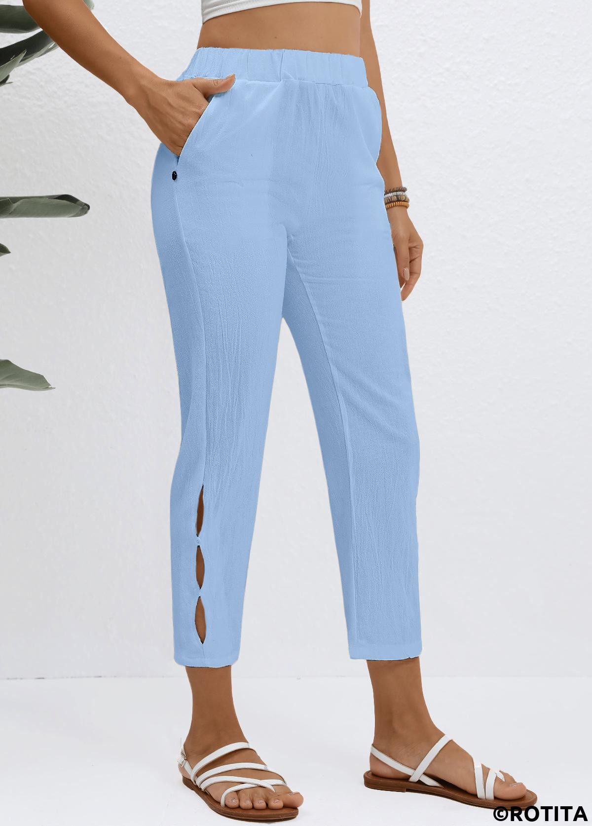 Light Blue bottoms,Plain Color bottoms,Elastic Waist Light Blue High Waisted Pants