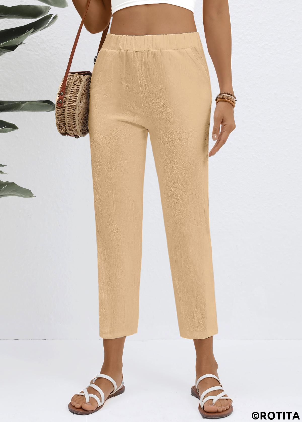 Light Coffee bottoms,Plain Color bottoms,Elastic Waist Light Coffee High Waisted Pants