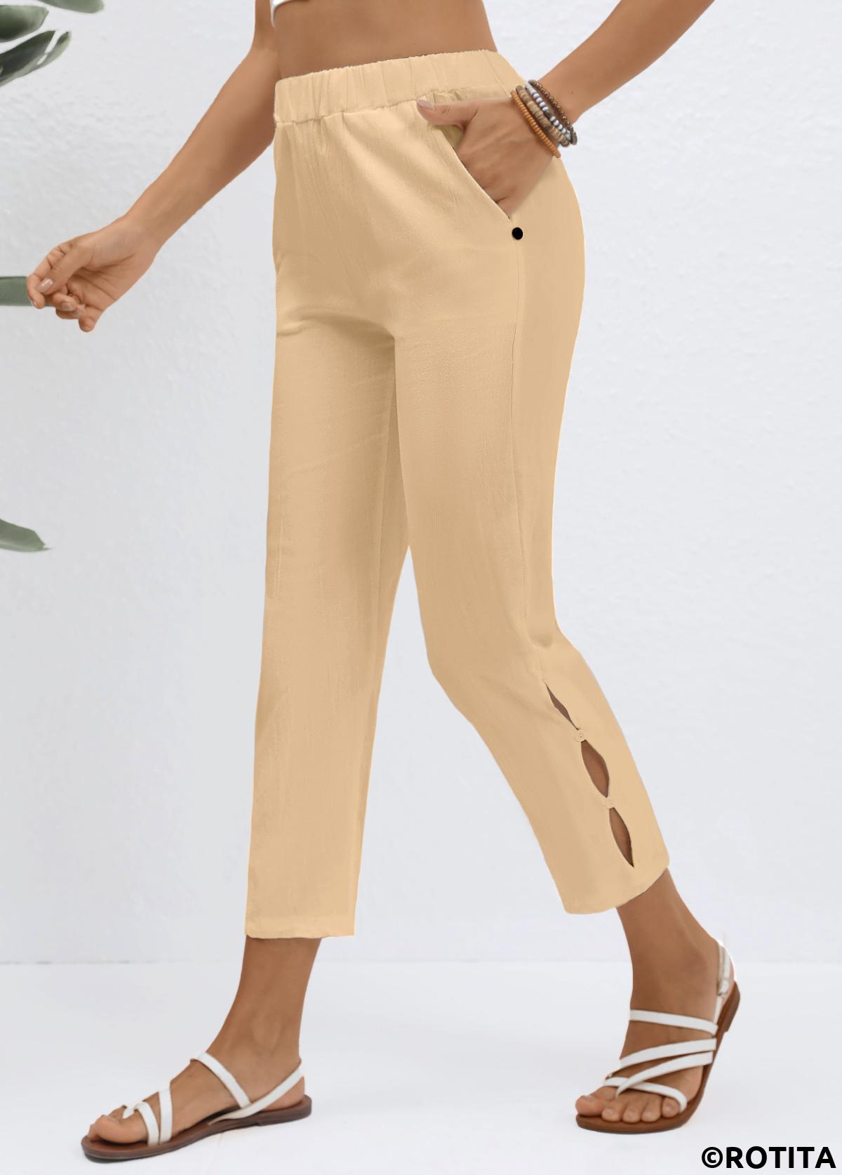 Light Coffee bottoms,Plain Color bottoms,Elastic Waist Light Coffee High Waisted Pants