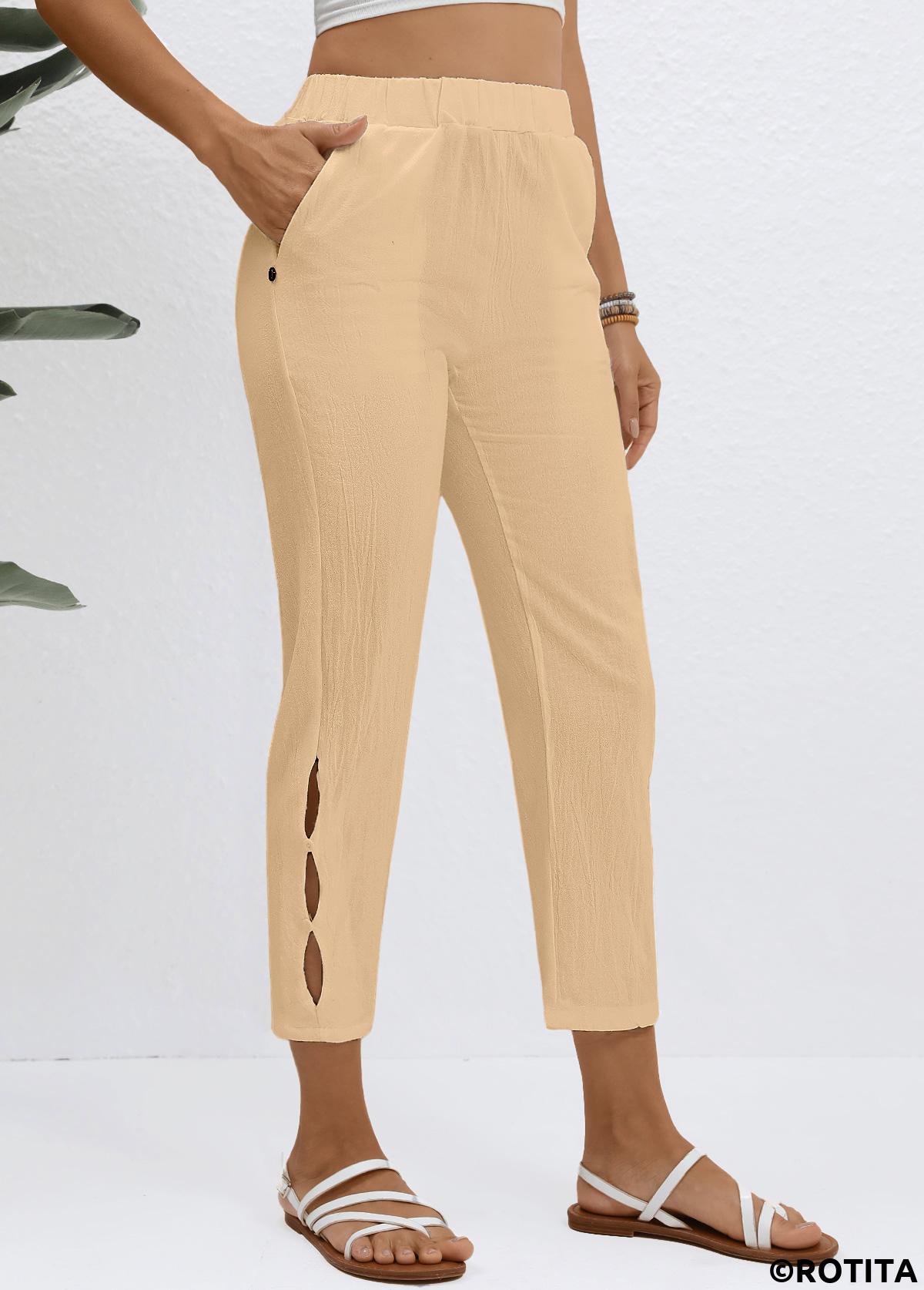 Light Coffee bottoms,Plain Color bottoms,Elastic Waist Light Coffee High Waisted Pants