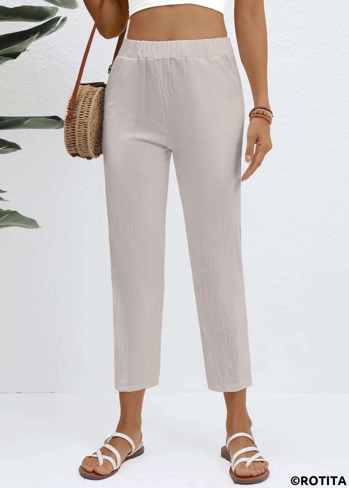 Grey bottoms,Plain Color bottoms,Elastic Waist High Waisted Grey Pants