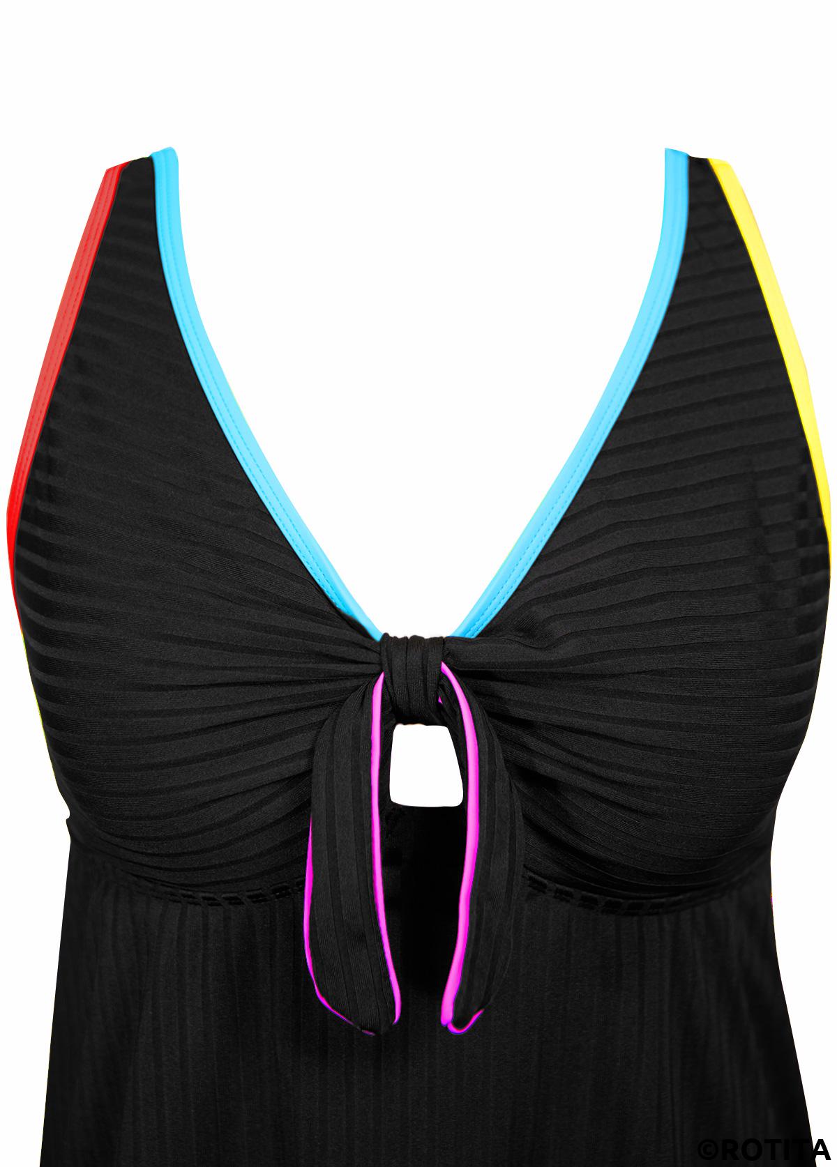Black swimwear,Contrast Color swimwear,ROTITA Two Piece Black Mid Waisted Tankini Set