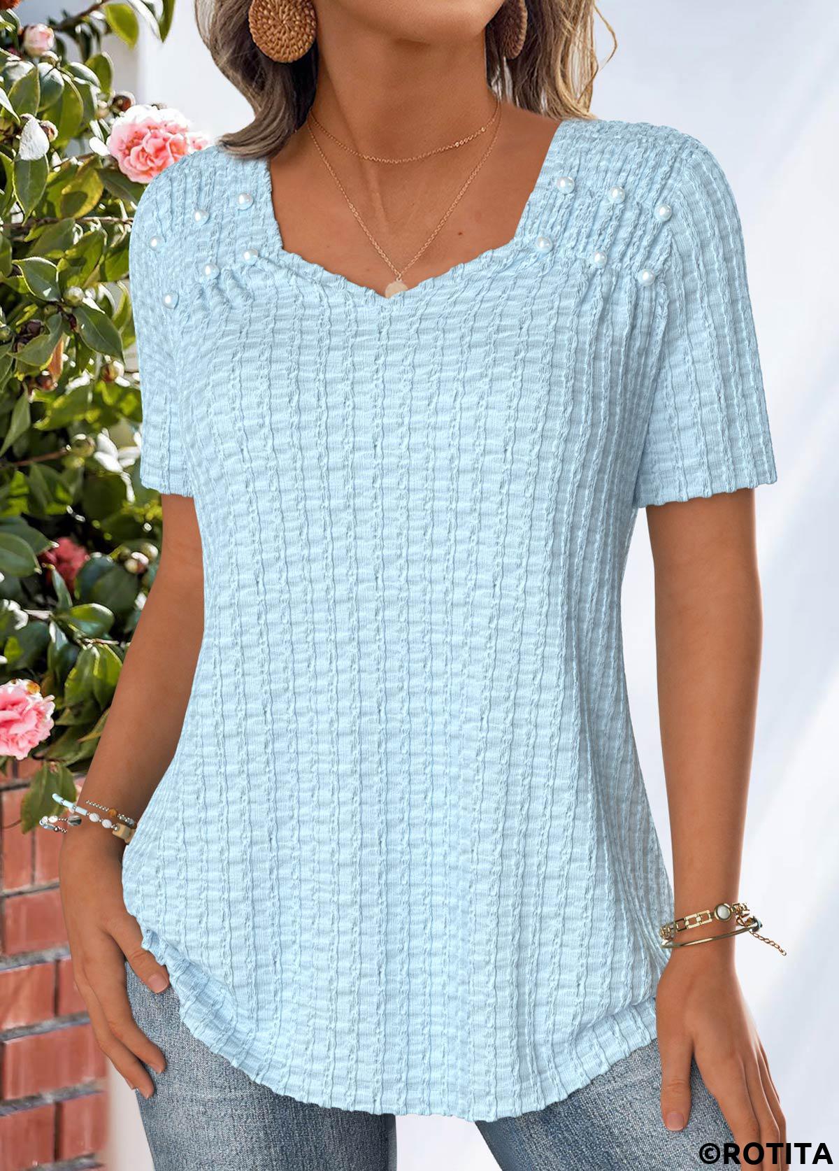 T-shirt à manches courtes et col en cœur bleu clair en jacquard Rotita