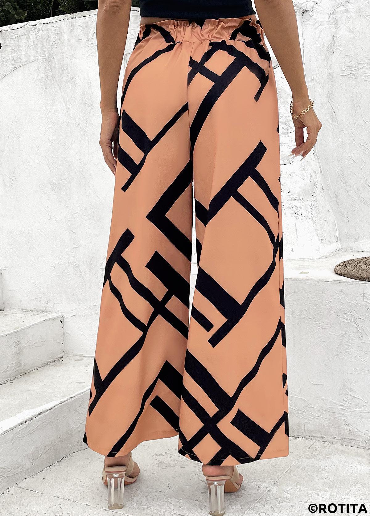 pantalon large à taille élastique et imprimé géométrique café clair