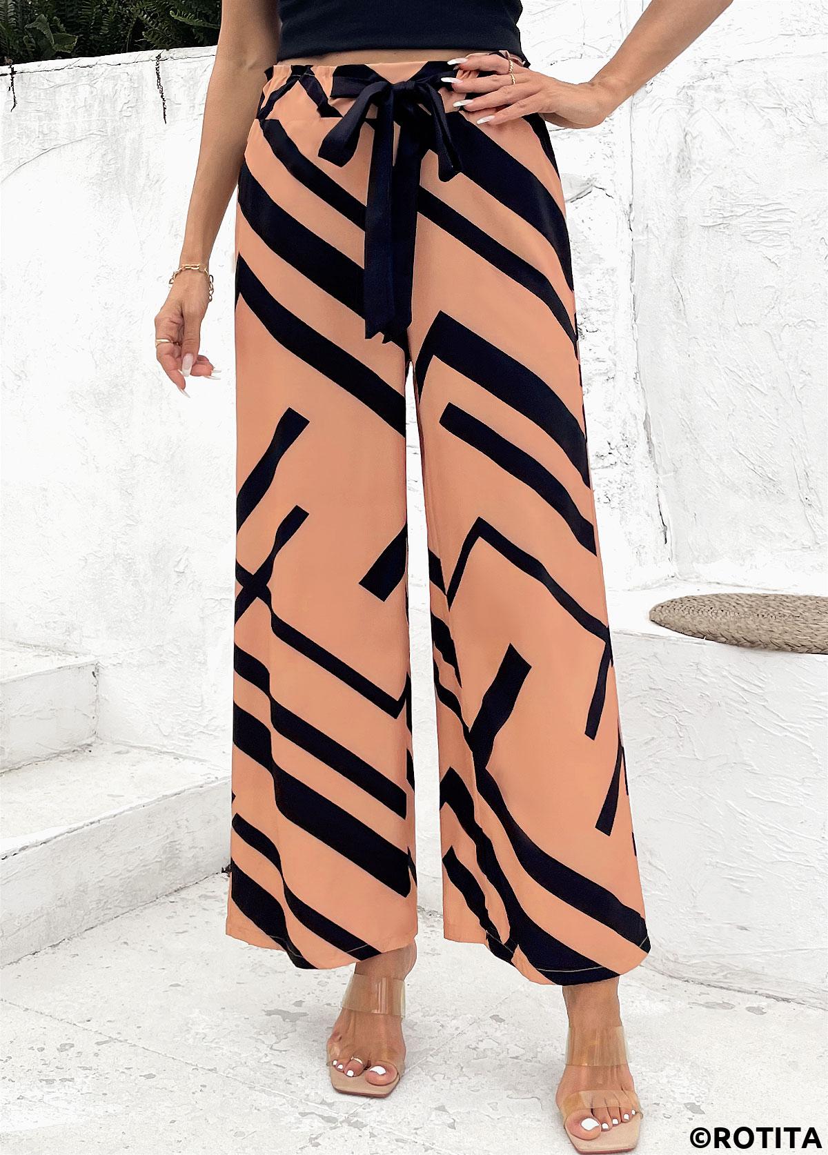 pantalon large à taille élastique et imprimé géométrique café clair