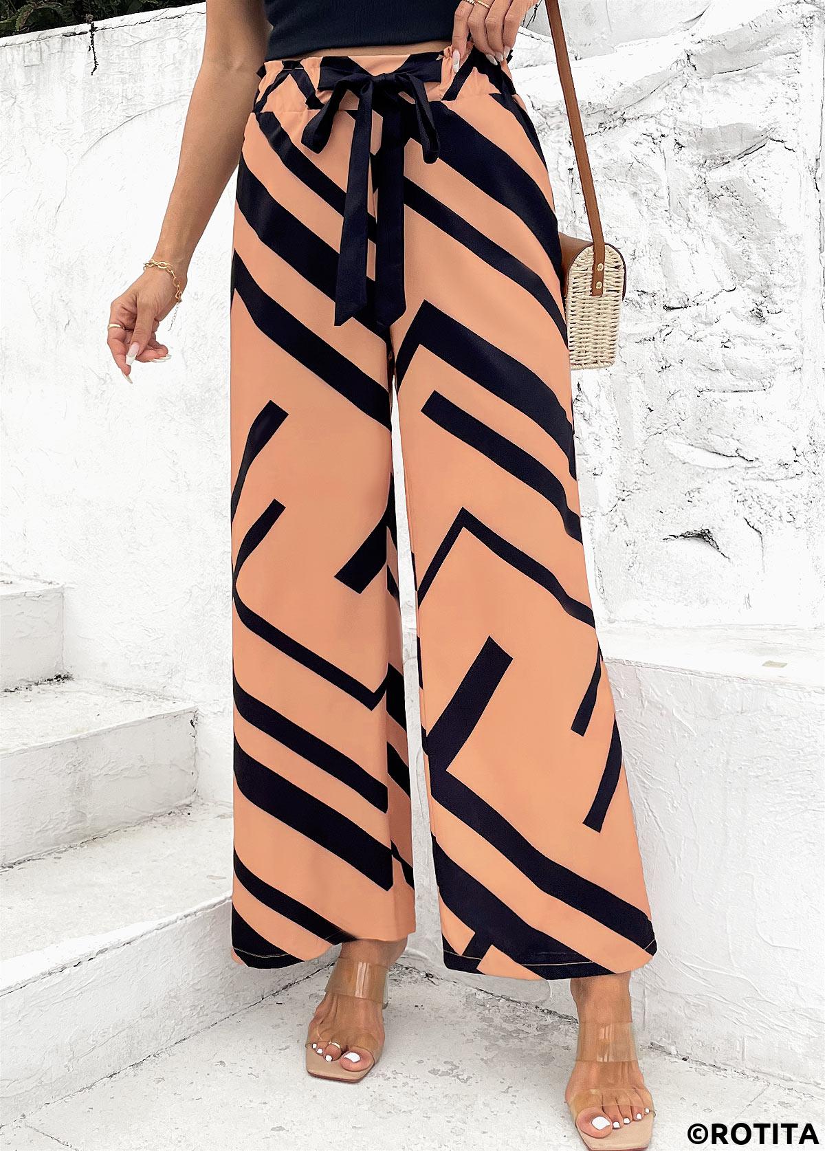 pantalon large à taille élastique et imprimé géométrique café clair
