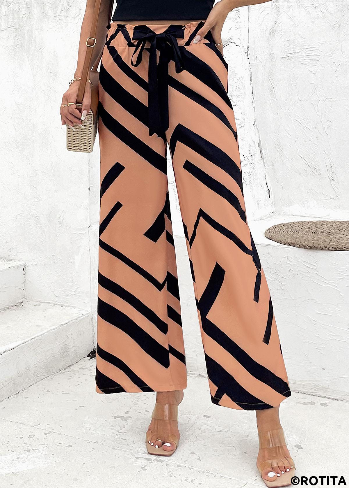 pantalon large à taille élastique et imprimé géométrique café clair