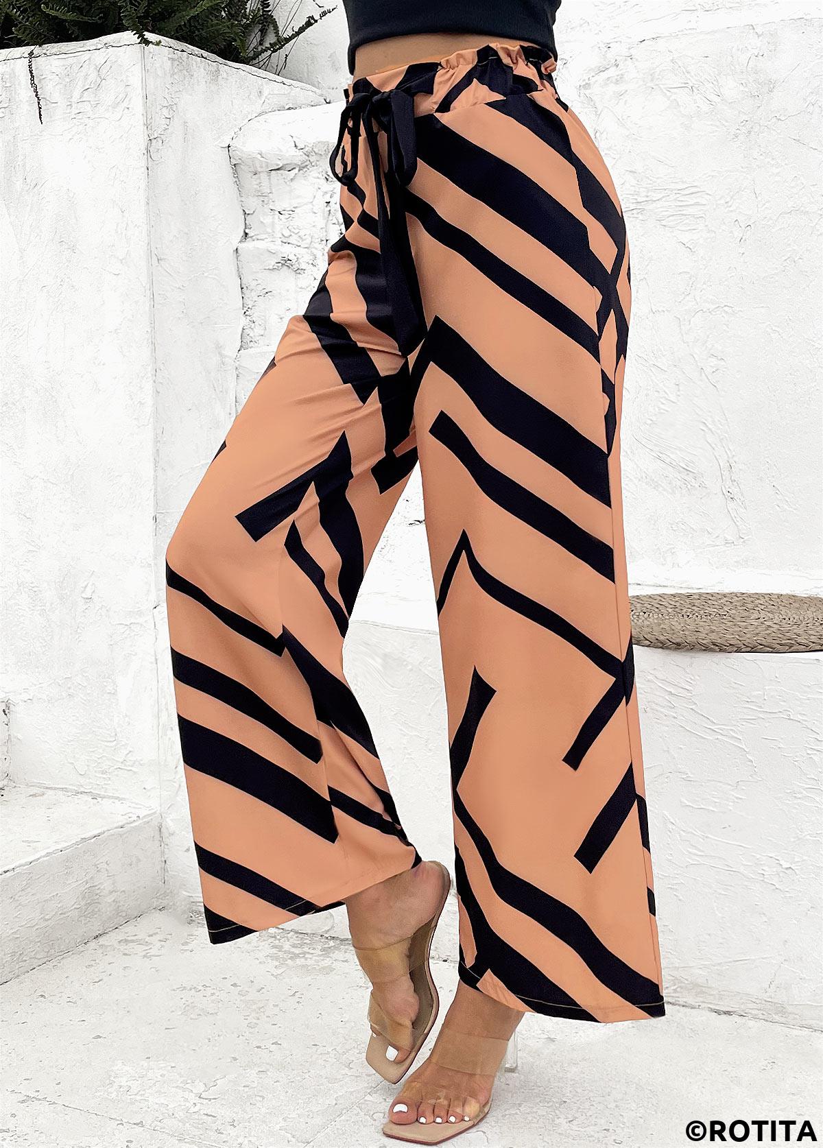 pantalon large à taille élastique et imprimé géométrique café clair