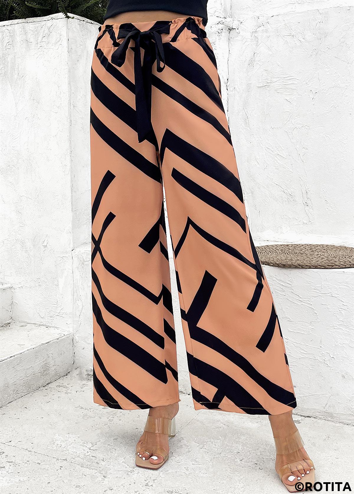 pantalon large à taille élastique et imprimé géométrique café clair