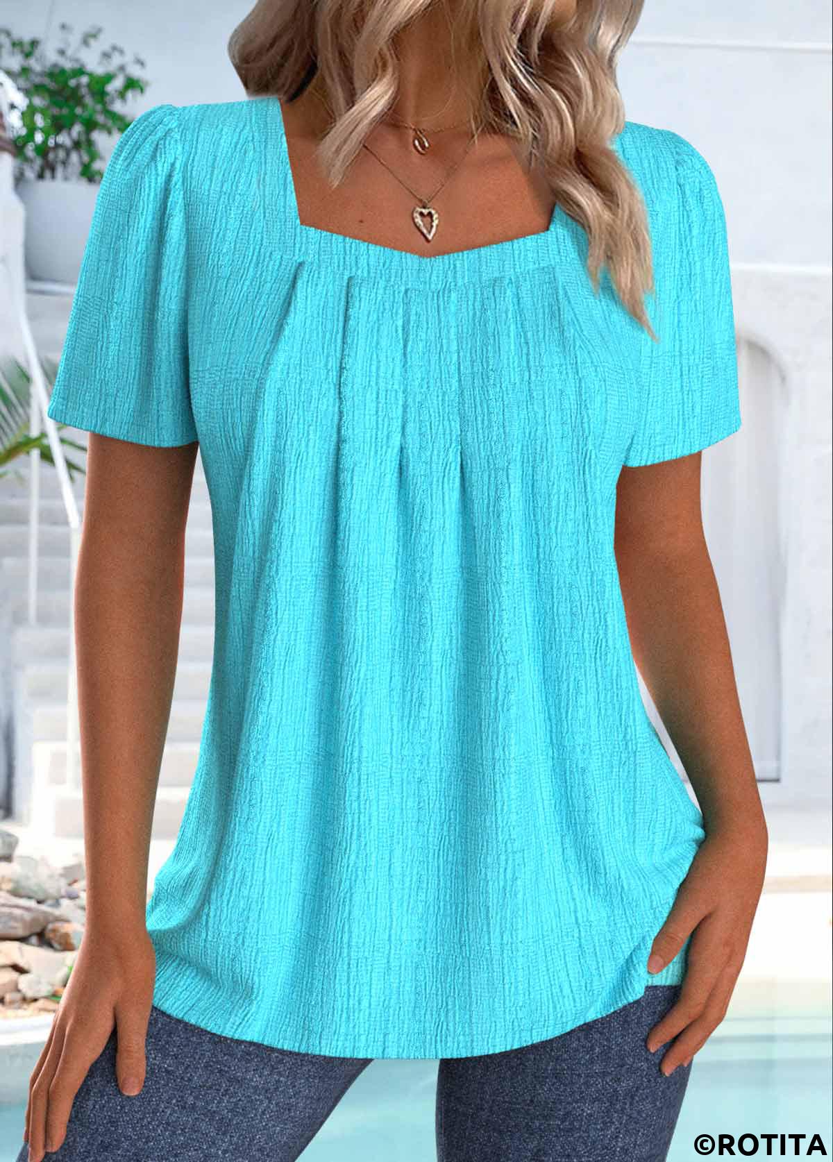 Cyan tops,Plain Color tops,ROTITA Cyan Square Neck Short Sleeve T Shirt