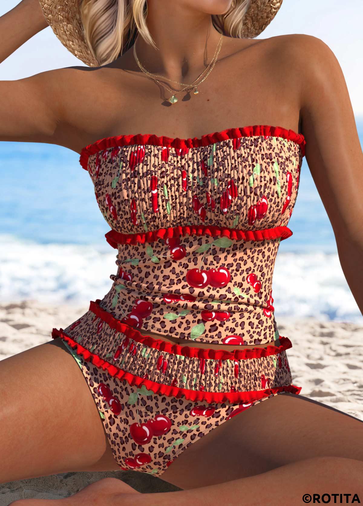 Red swimwear,Leopard swimwear,Animal Print swimwear,ROTITA Two Piece Red Leopard Mid Waisted Tankini Set