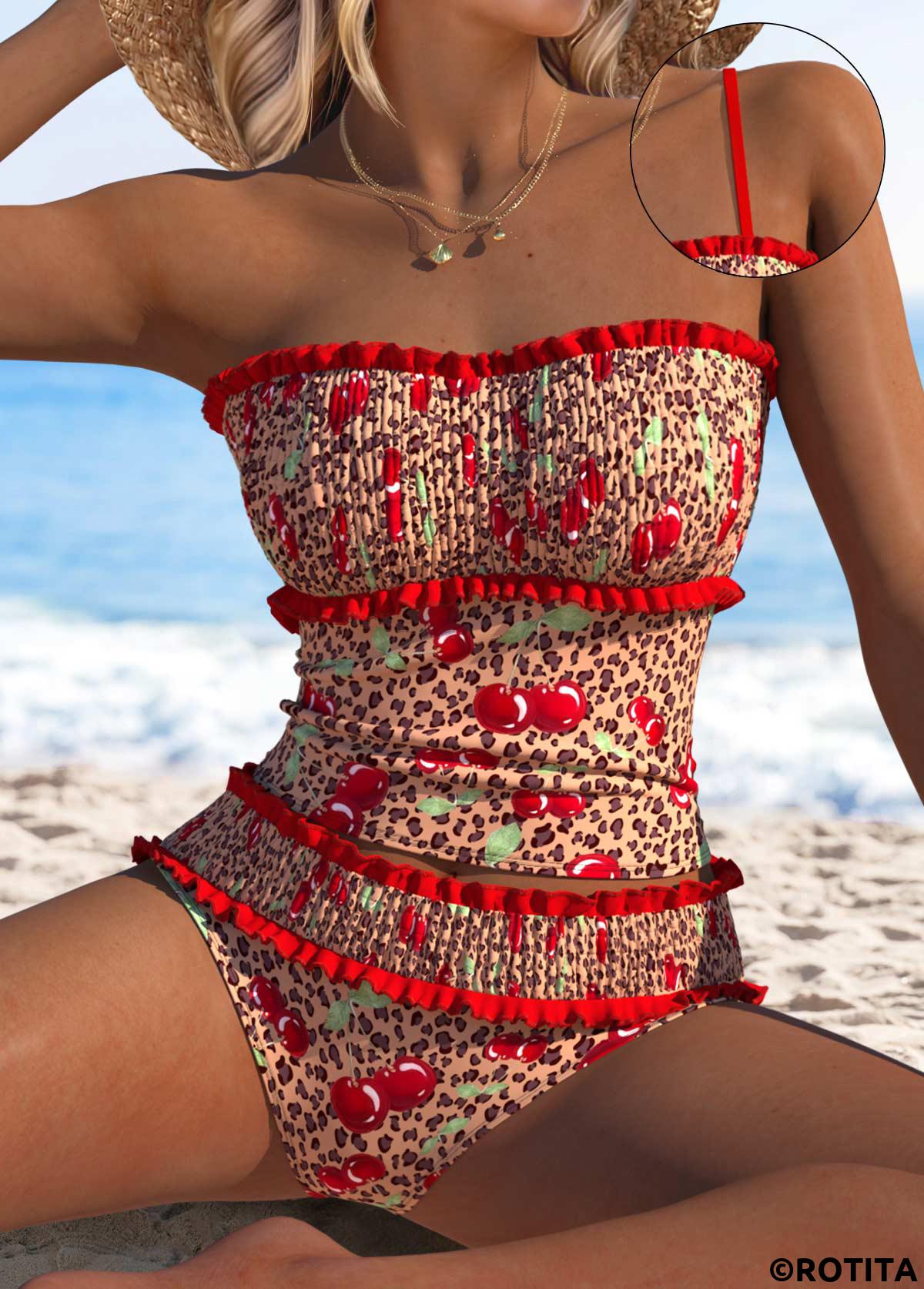 Red swimwear,Leopard swimwear,Animal Print swimwear,ROTITA Two Piece Red Leopard Mid Waisted Tankini Set