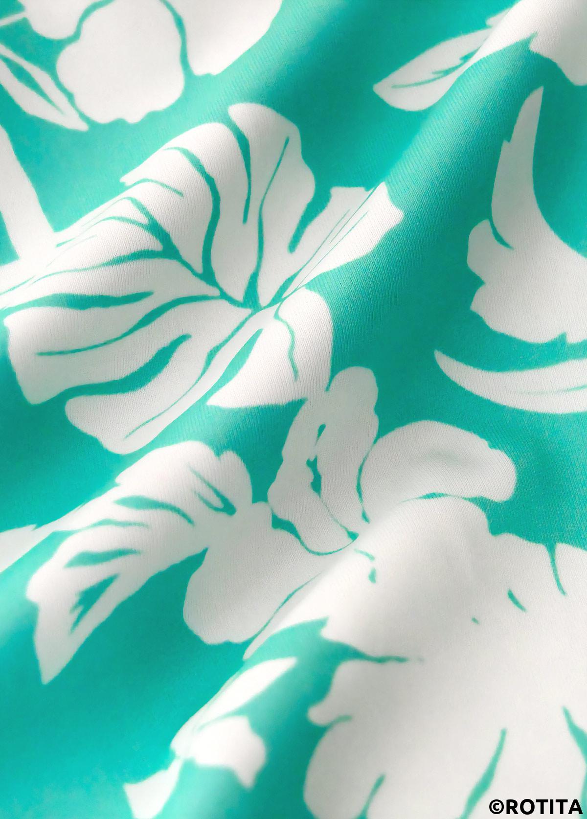 Cyan swimwear,Floral swimwear,Plants swimwear,ROTITA Cyan Floral Print Mid Waisted Tankini Set