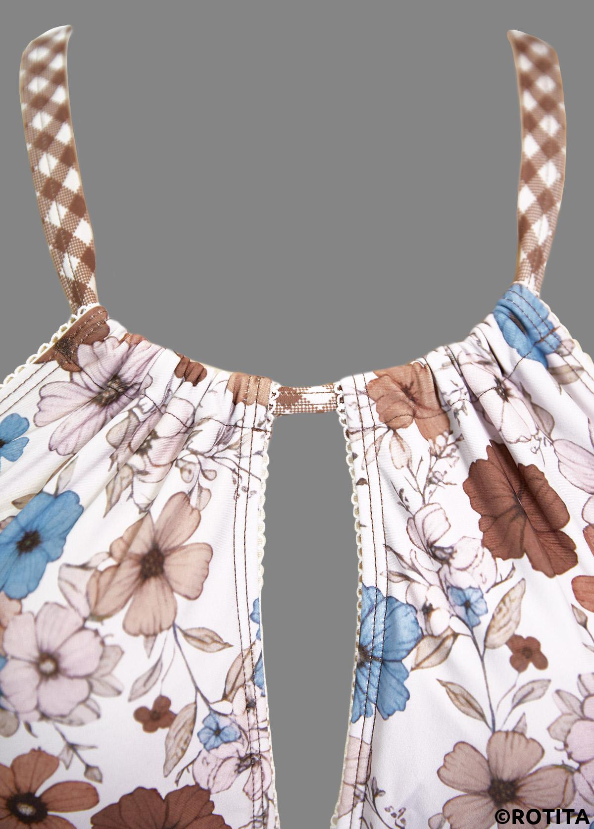 Light Coffee swimwear,Floral swimwear,Plants swimwear,ROTITA Ruched Light Coffee Floral Print Mid Waisted Tankini Set