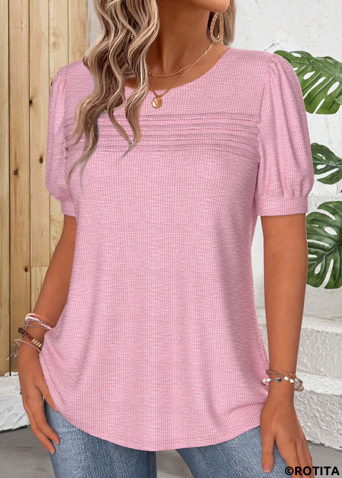 ROTITA Pink Round Neck Short Sleeve T Shirt