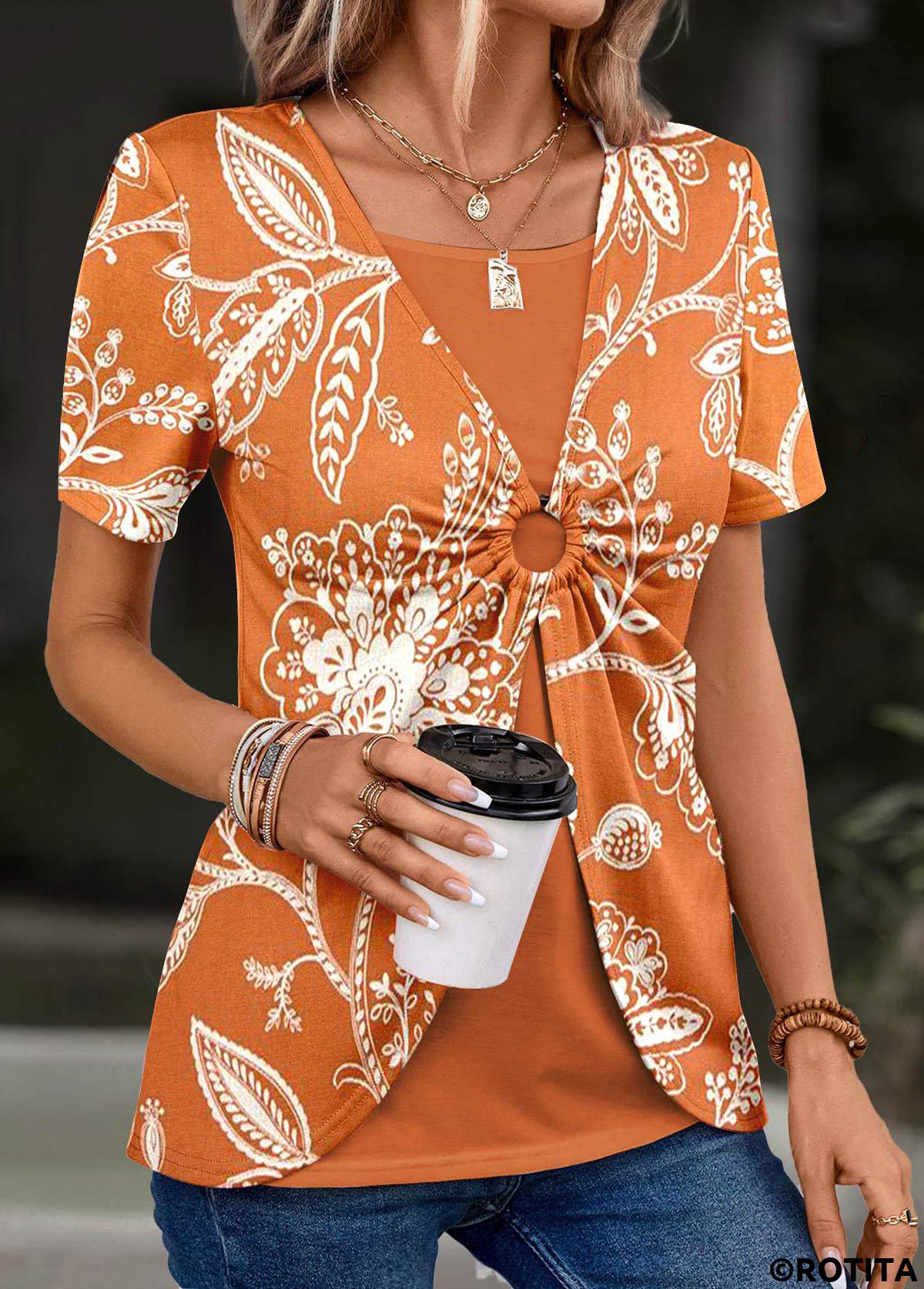 orangefarbenes T-Shirt mit Rotita-Pflanzen-Print