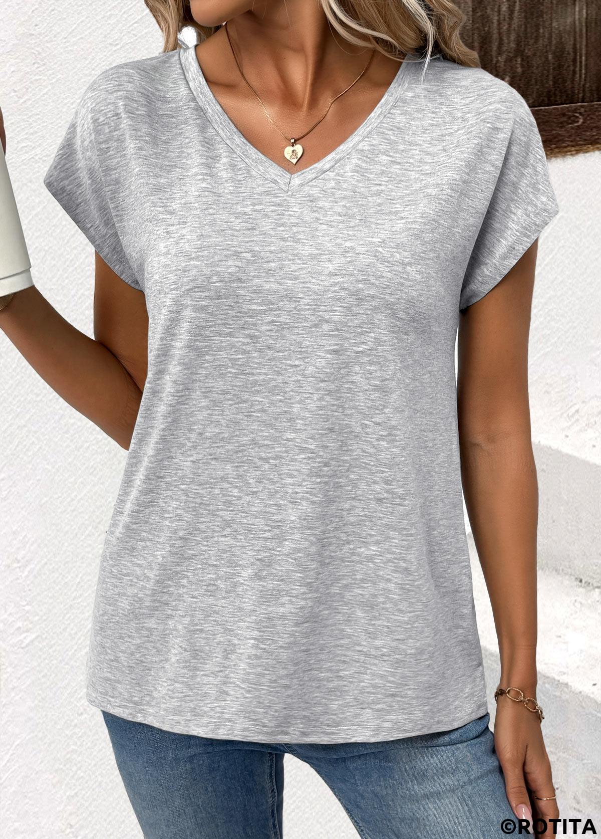 Light Grey tops,Plain Color tops,ROTITA Light Grey V Neck Short Sleeve T Shirt