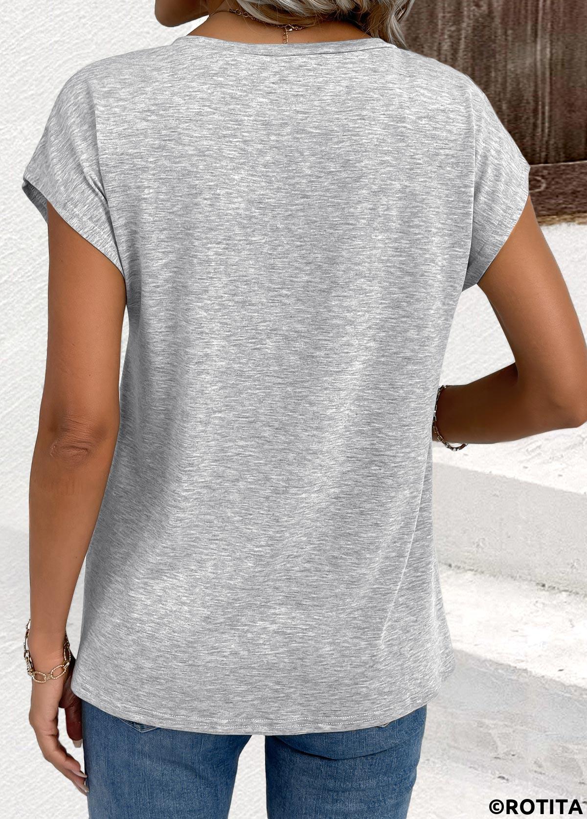 Light Grey tops,Plain Color tops,ROTITA Light Grey V Neck Short Sleeve T Shirt