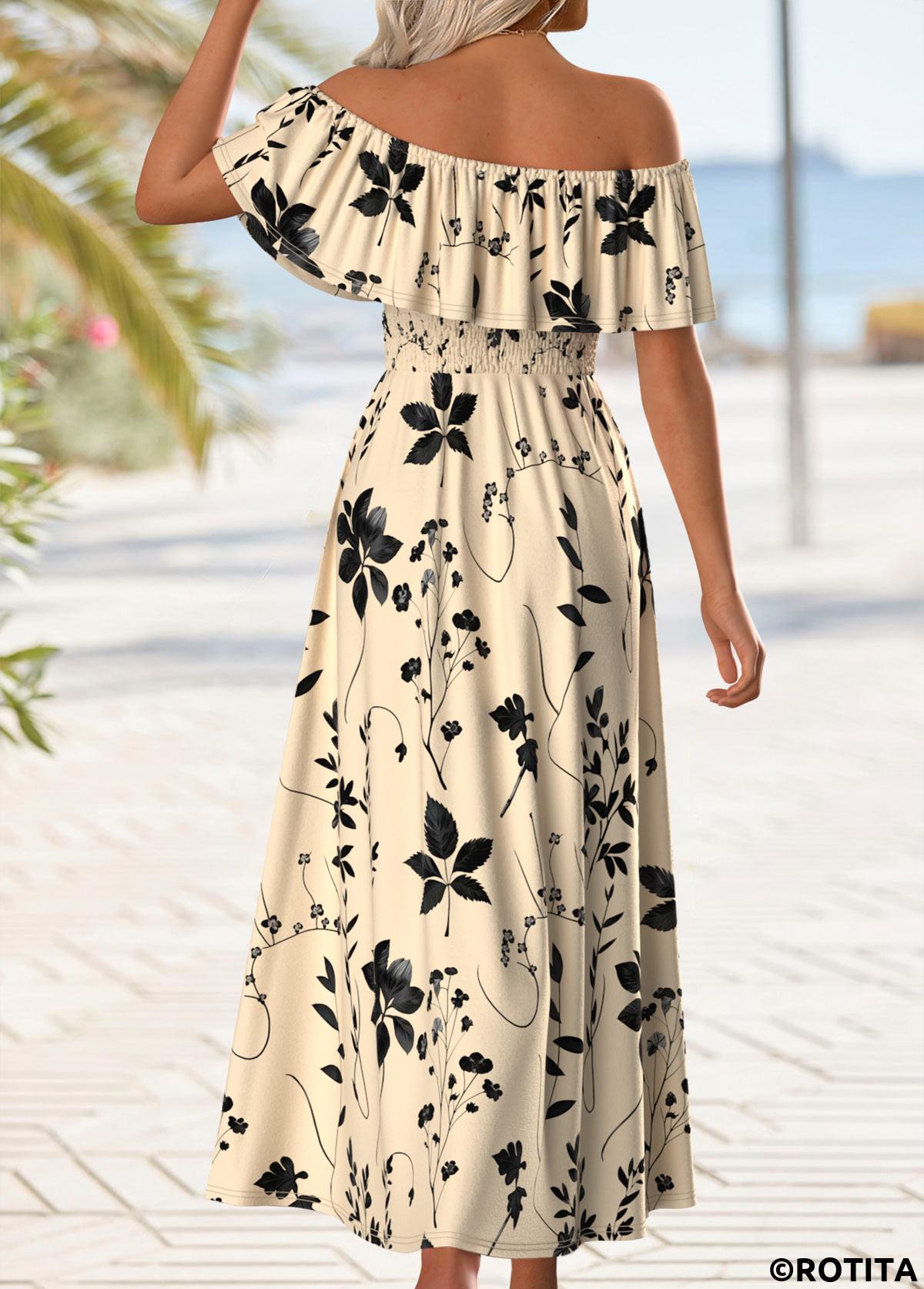 Beige dresses,Floral dresses,Plants dresses,Vacation dresses,Vacation dresses,ROTITA Floral Print Beige Maxi Off Shoulder Sleeveless Dress