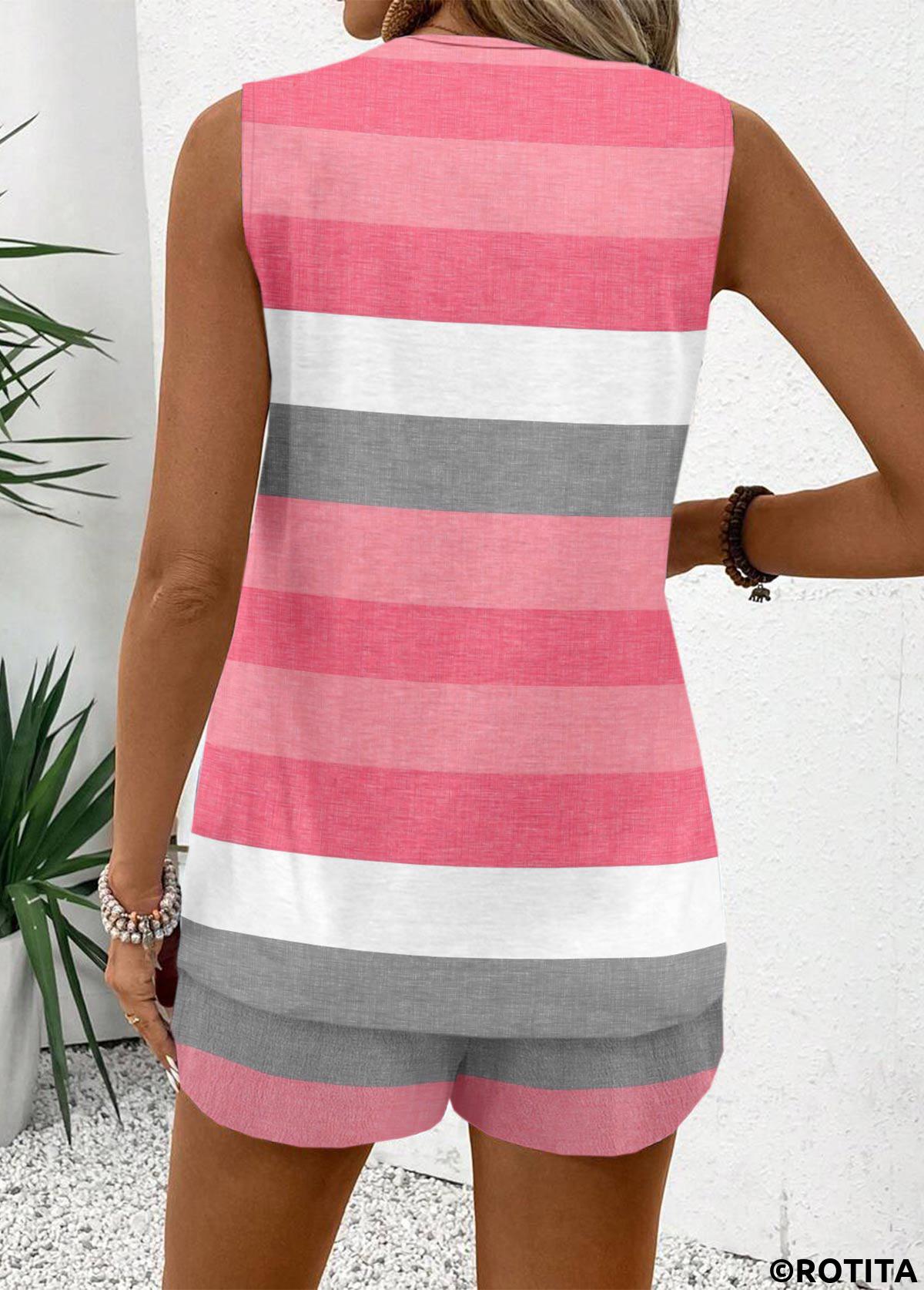 Pink tops,Striped tops,Geometric tops,ROTITA Eyelet Striped Pink V Neck Sleeveless Tank Top