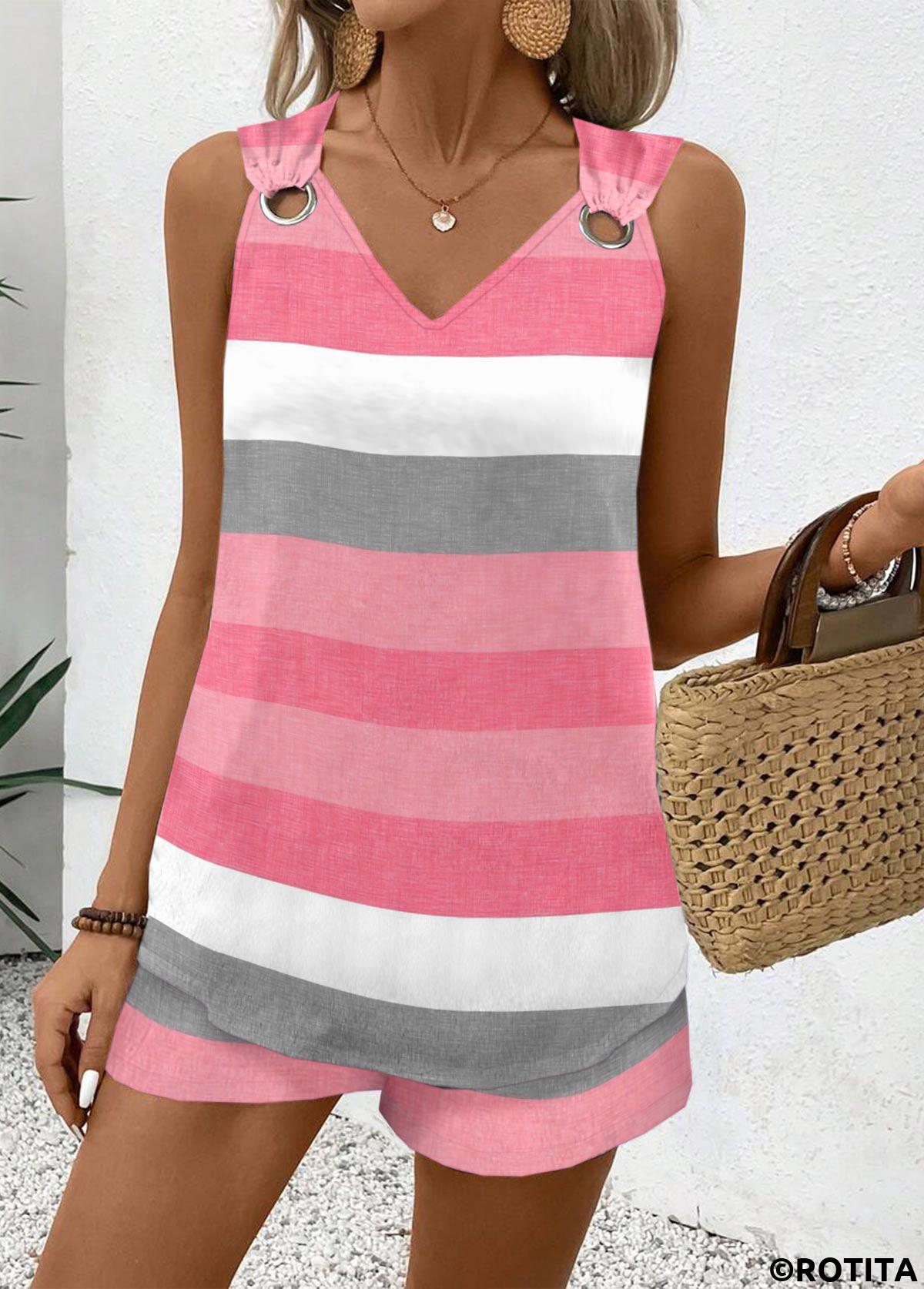 Pink tops,Striped tops,Geometric tops,ROTITA Eyelet Striped Pink V Neck Sleeveless Tank Top