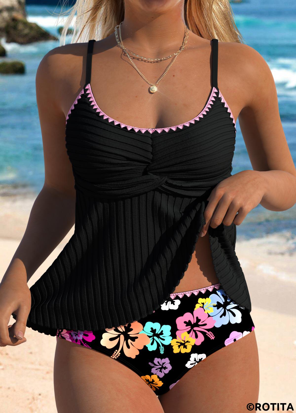 Black swimwear,Floral swimwear,Plants swimwear,ROTITA Contrast Binding Black Floral Print Mid Waisted Tankini Set