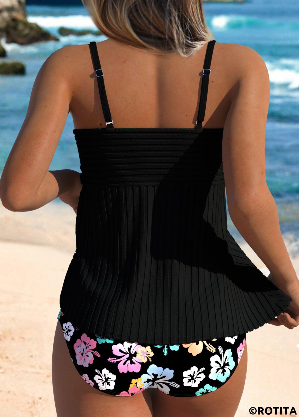 Black swimwear,Floral swimwear,Plants swimwear,ROTITA Contrast Binding Black Floral Print Mid Waisted Tankini Set