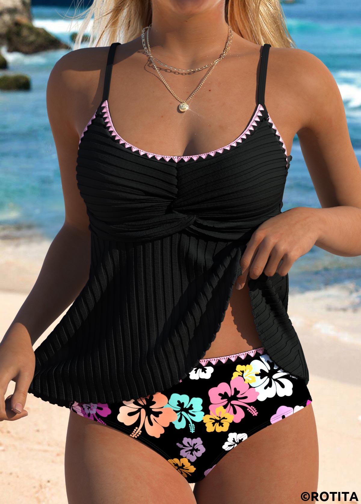 Black swimwear,Floral swimwear,Plants swimwear,ROTITA Contrast Binding Black Floral Print Mid Waisted Tankini Set