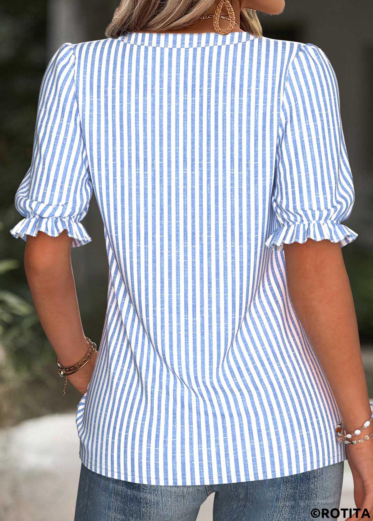 Blue tops,Striped tops,Geometric tops,ROTITA Split Striped Blue Short Sleeve Blouse