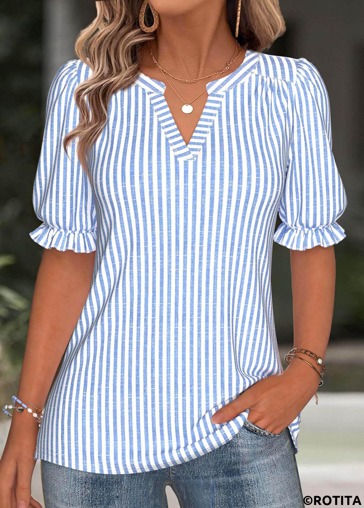 Blue tops,Striped tops,Geometric tops,ROTITA Split Striped Blue Short Sleeve Blouse