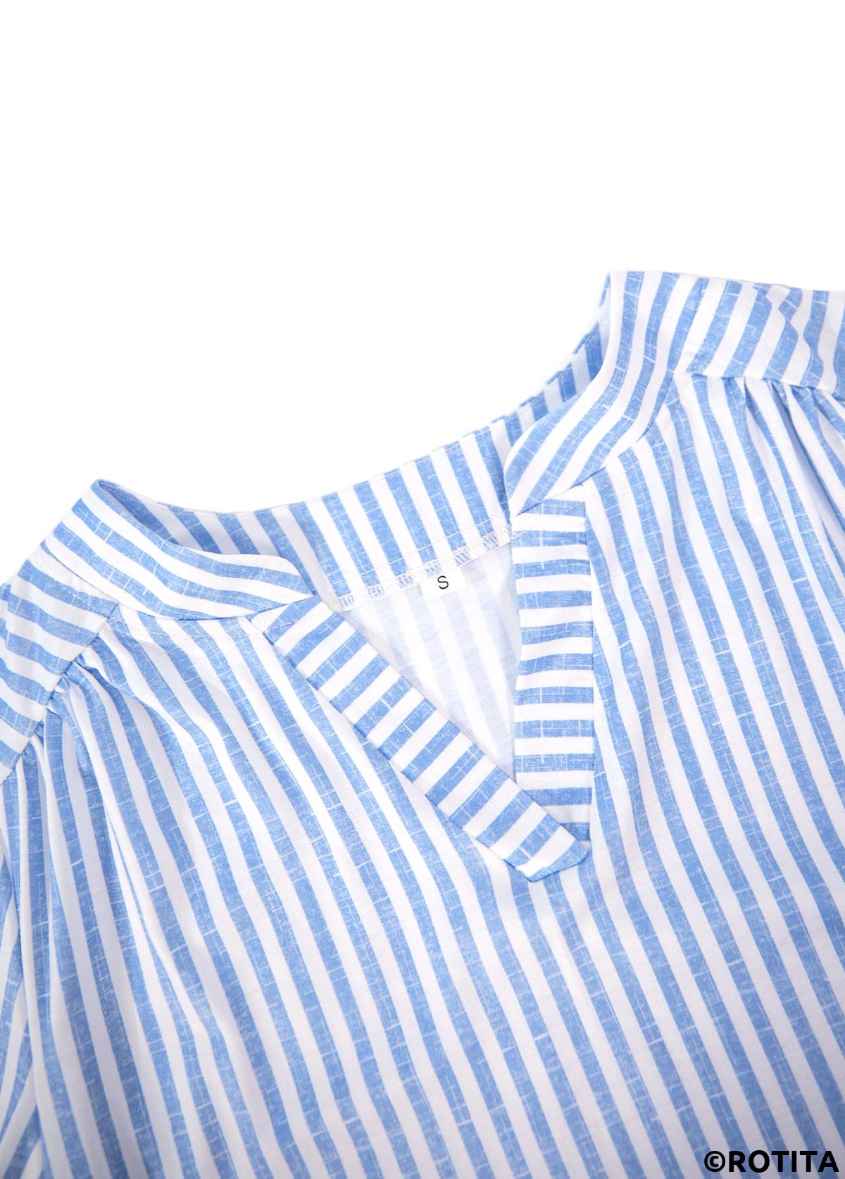 Blue tops,Striped tops,Geometric tops,ROTITA Split Striped Blue Short Sleeve Blouse