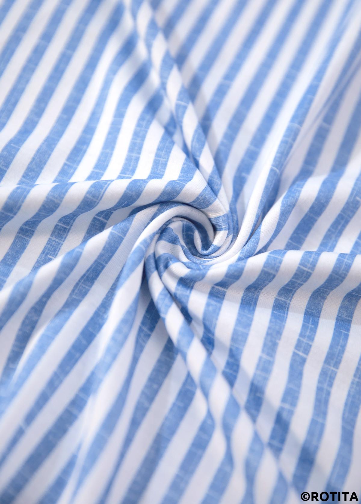 Blue tops,Striped tops,Geometric tops,ROTITA Split Striped Blue Short Sleeve Blouse