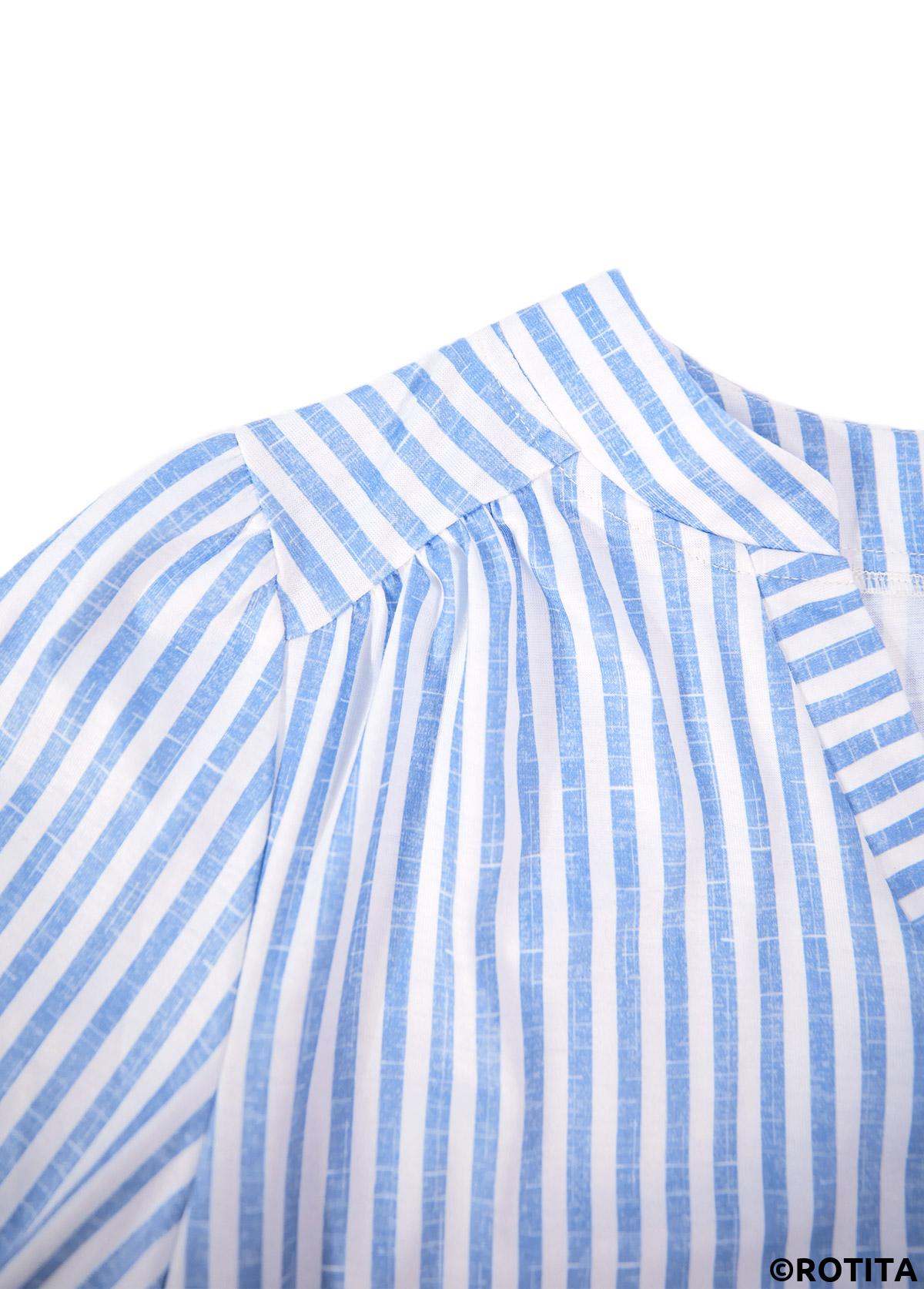 Blue tops,Striped tops,Geometric tops,ROTITA Split Striped Blue Short Sleeve Blouse