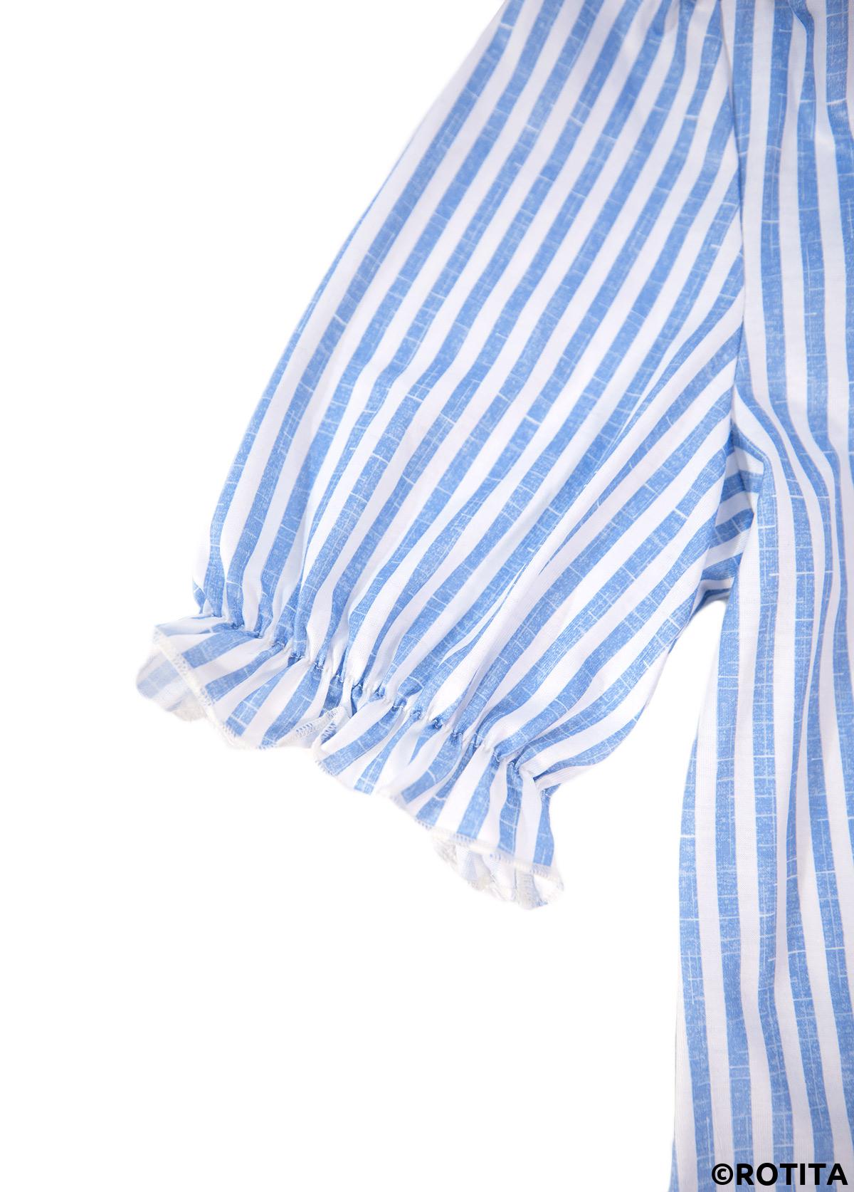Blue tops,Striped tops,Geometric tops,ROTITA Split Striped Blue Short Sleeve Blouse