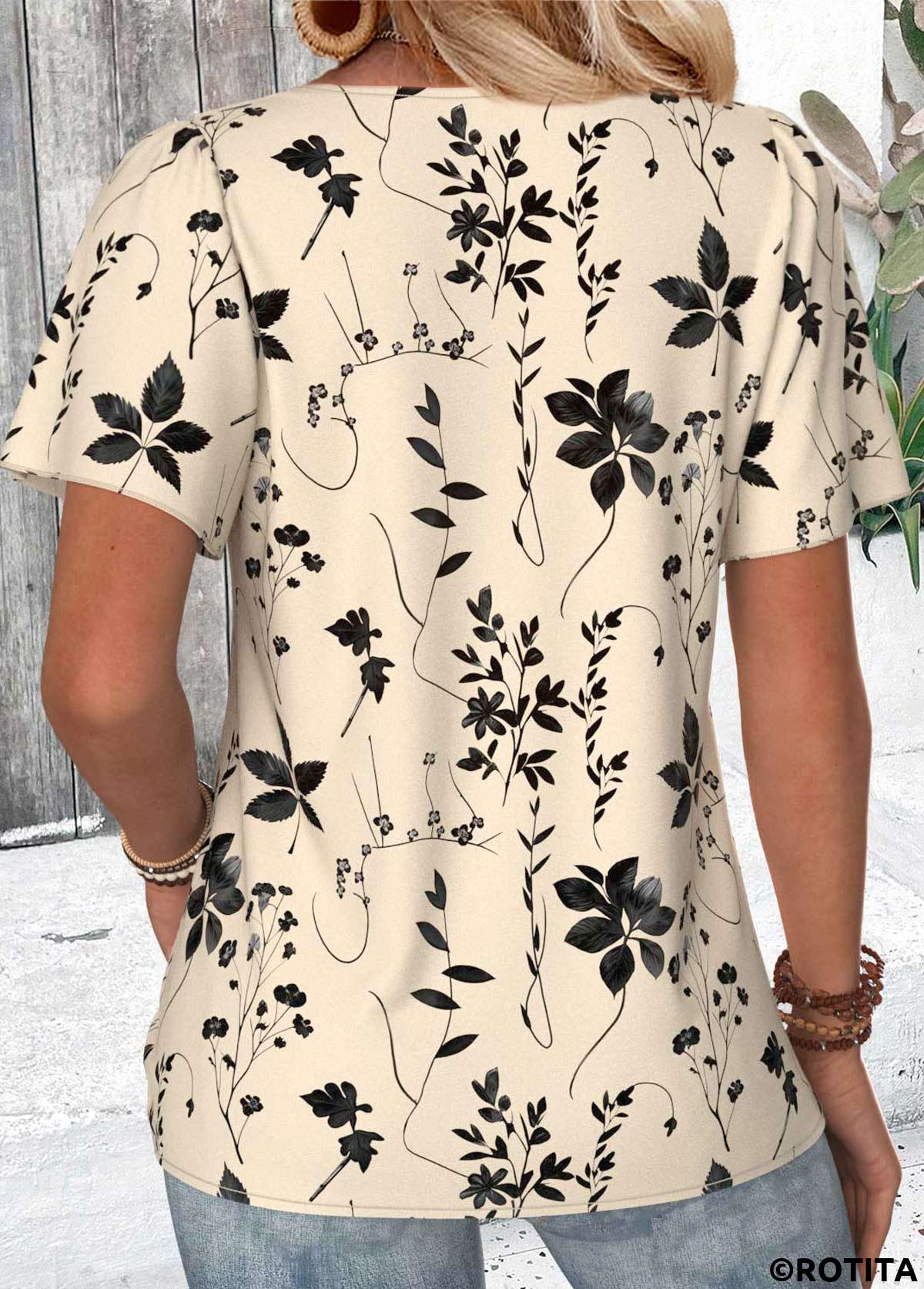ROTITA Ruffle Leaf Print Beige V Neck Short Sleeve Blouse