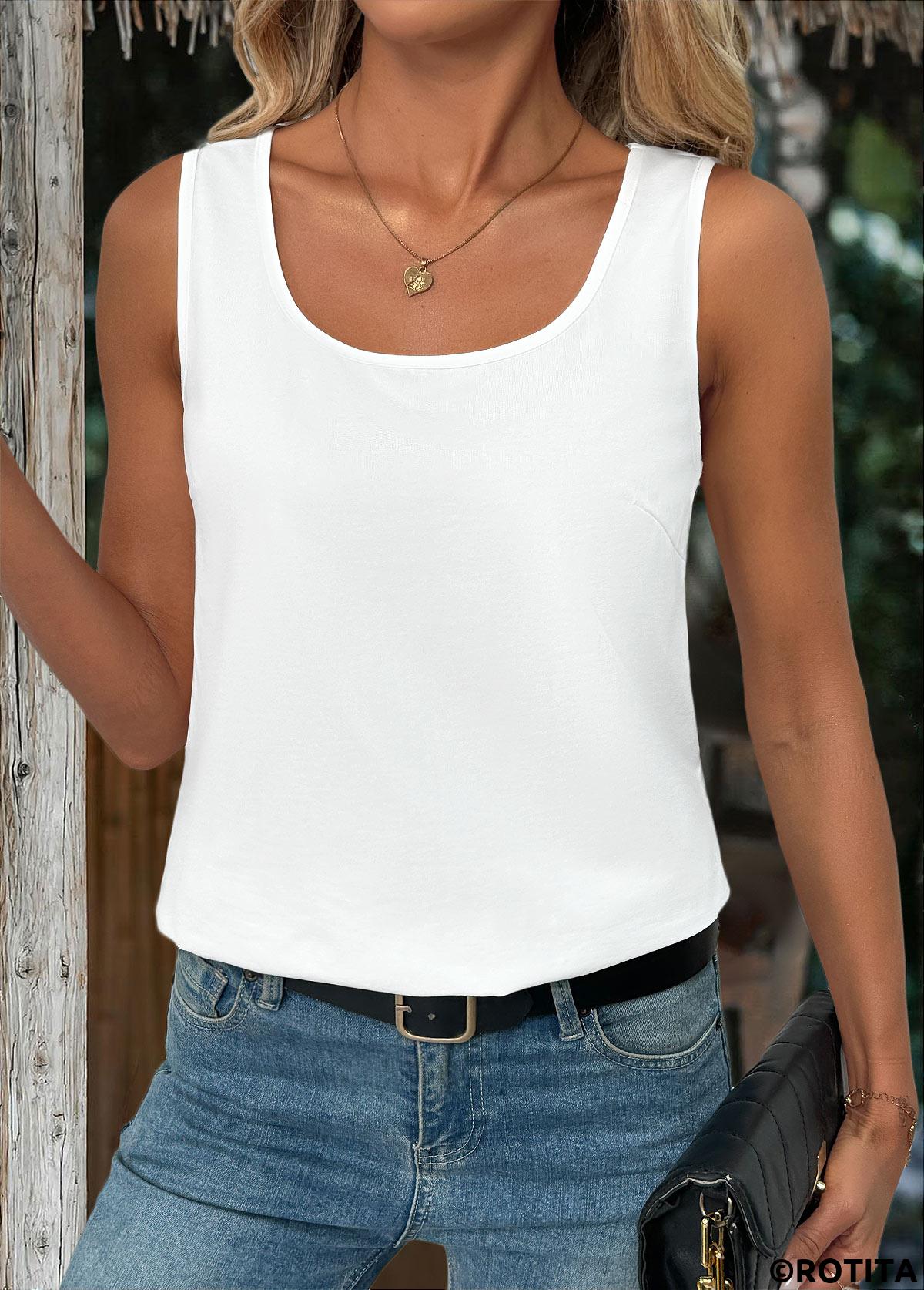White tops,Plain Color tops,ROTITA White Square Neck Sleeveless Tank Top