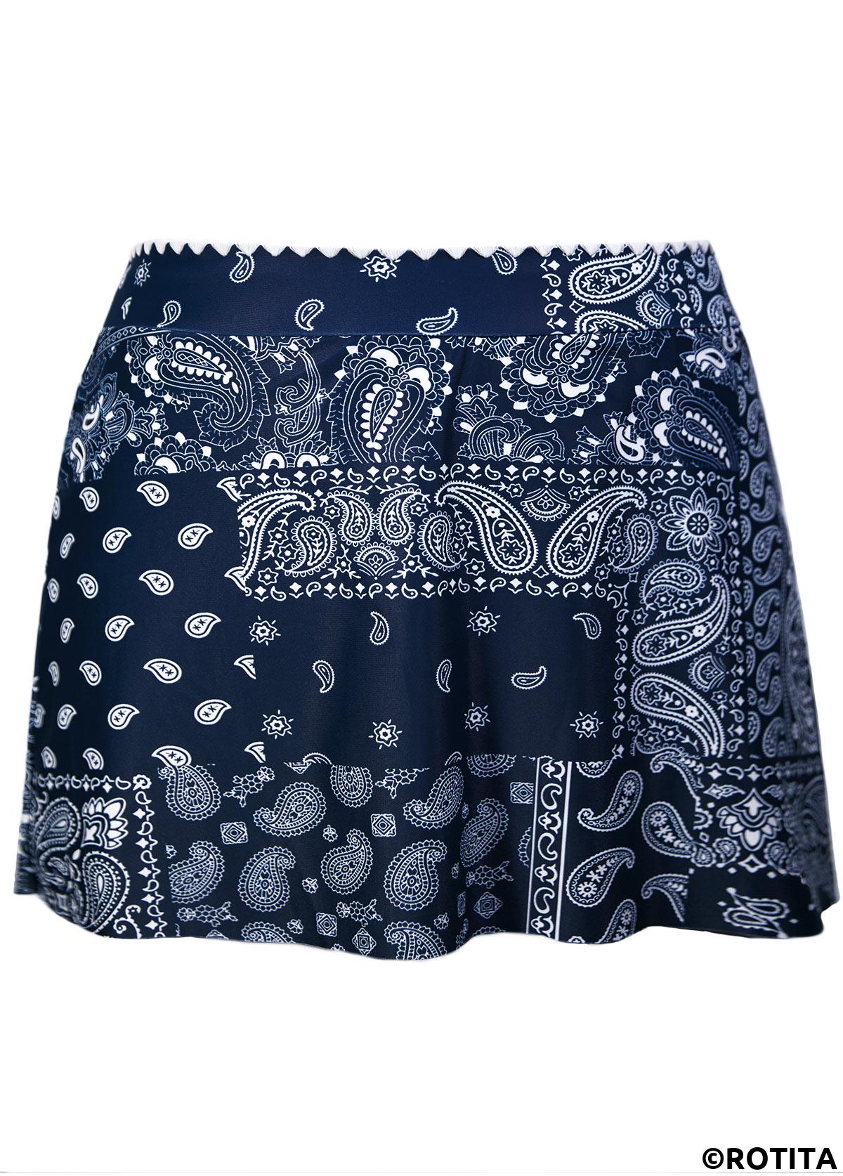 Navy swimwear,Paisley swimwear,ROTITA Contrast Binding Navy Paisley Print Mid Waisted Tankini Set