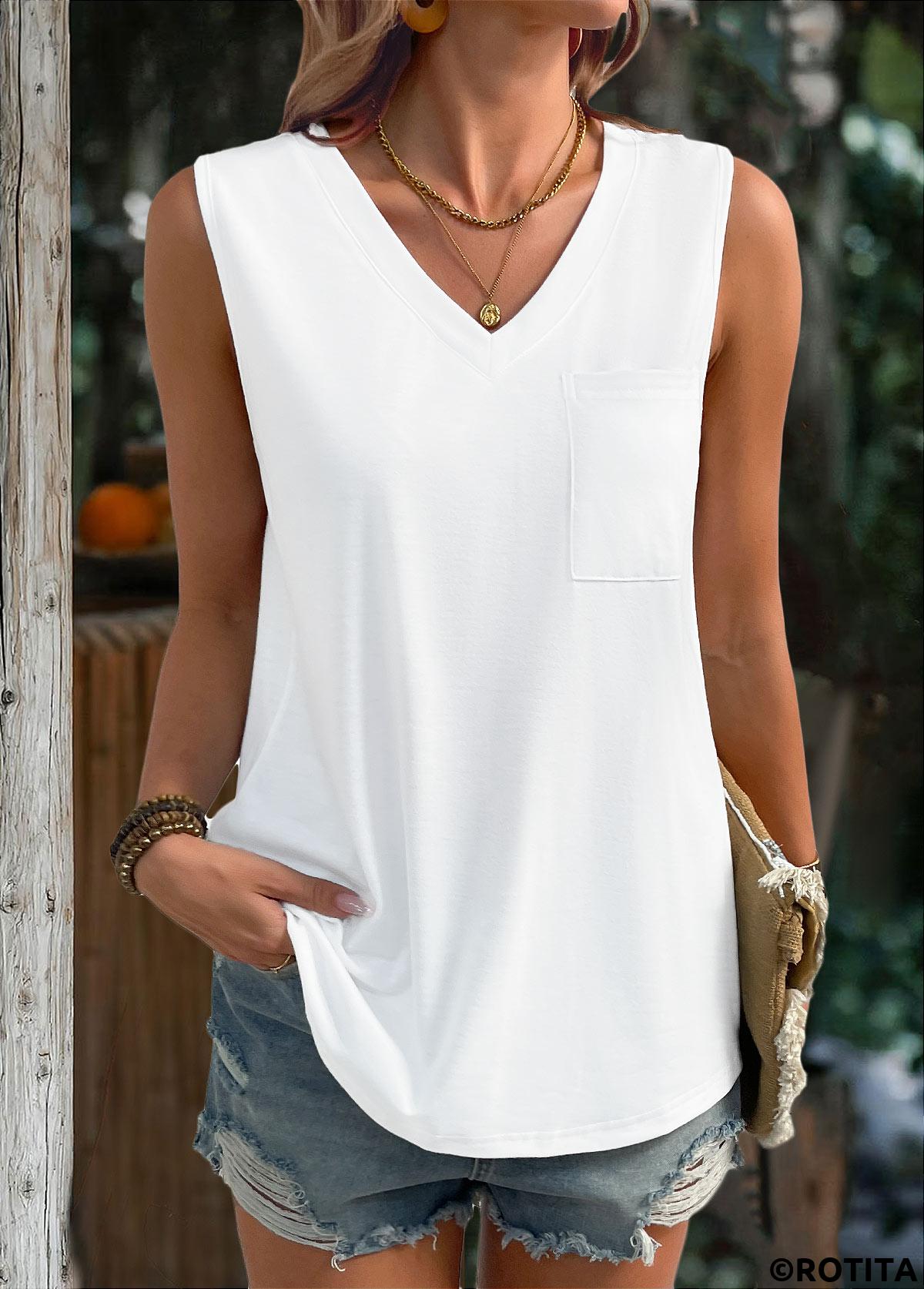 White tops,Plain Color tops,ROTITA White V Neck Sleeveless Tank Top