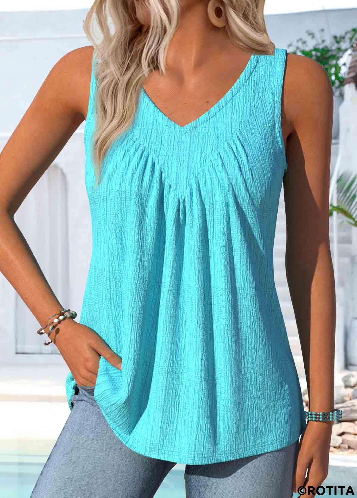 Cyan tops,Plain Color tops,ROTITA Cyan V Neck Sleeveless Tank Top