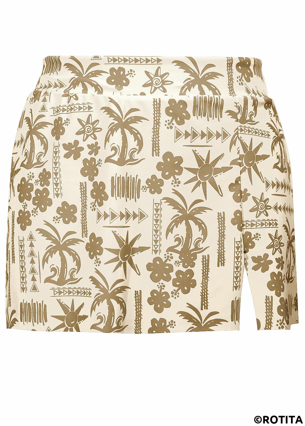 Beige swimwear,Plants swimwear,ROTITA Ruched Beige Tropical Plants Print Mid Waisted Tankini Set
