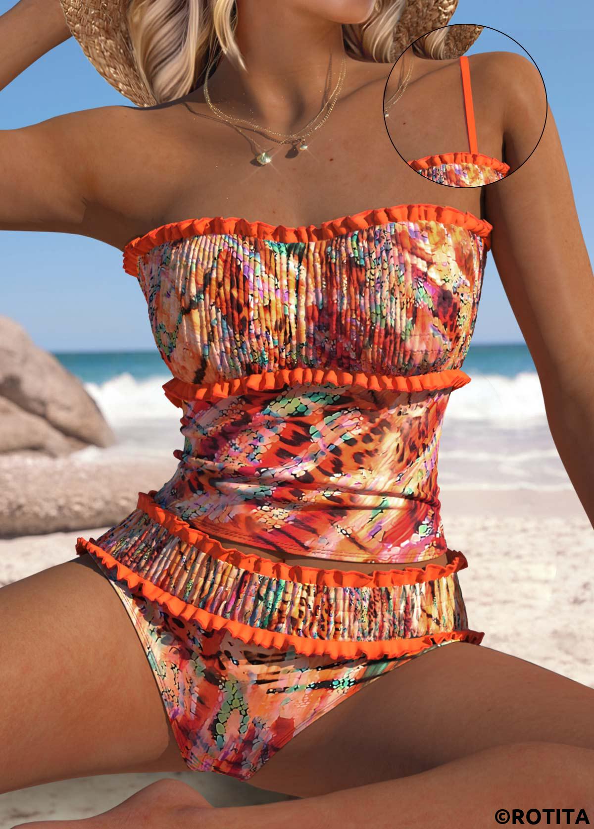 Orange swimwear,Leopard swimwear,Animal Print swimwear,ROTITA Orange Leopard Mid Waisted Tankini Set