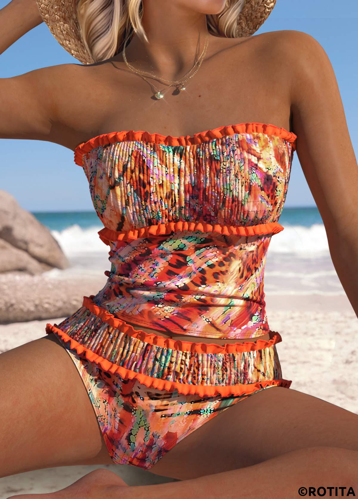 Orange swimwear,Leopard swimwear,Animal Print swimwear,ROTITA Orange Leopard Mid Waisted Tankini Set