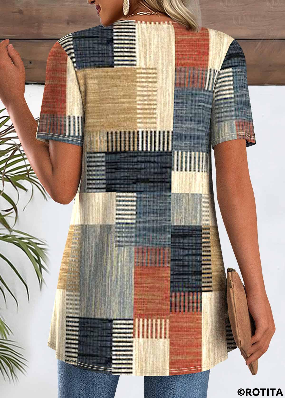 Multi Color tops,Geometric tops,ROTITA Geometric Print Short Sleeve Fake Two Piece Twinset