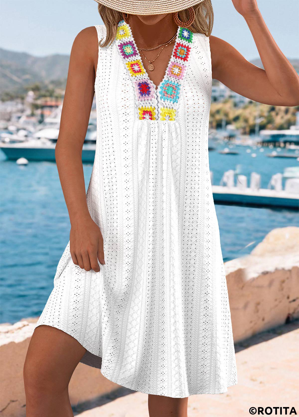 White dresses,Plain Color dresses,Vacation dresses,Vacation dresses,ROTITA White A Line V Neck Sleeveless Dress