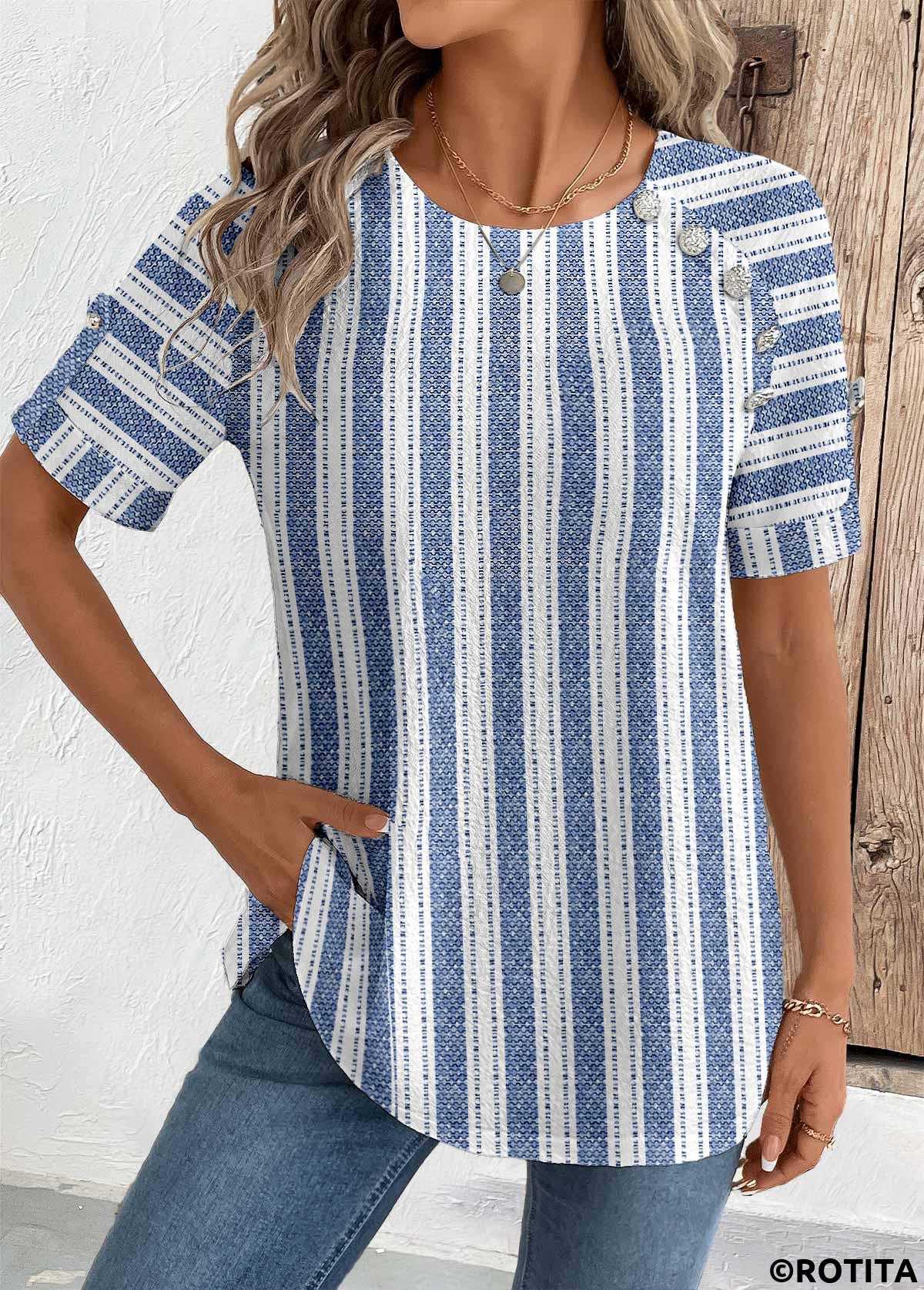 Blue tops,Geometric tops,Striped tops,ROTITA Geometric Print Blue Round Neck Short Sleeve Blouse